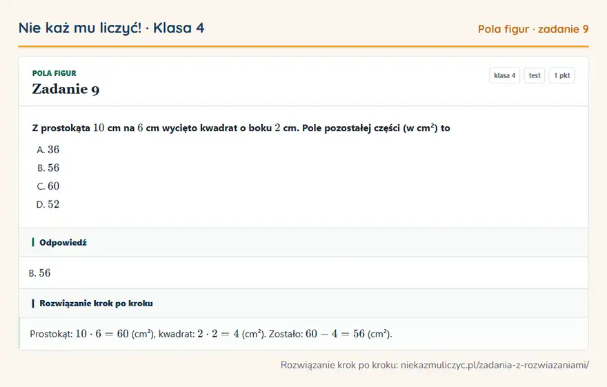 Rozwiązanie zadania 9 — Pola figur (klasa 4): Z prostokąta 10 cm na 6 cm wycięto kwadrat o boku 2 cm. Pole pozostałej części (w cm²) to