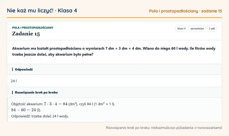 Rozwiązanie zadania 15, sprawdzian „Pola i prostopadłościany”, klasa 4: Akwarium ma kształt prostopadłościanu o wymiarach 7 dm × 3 dm × 4 dm. Wlano do niego 60 l wody. Ile… Odpowiedź: 24 l