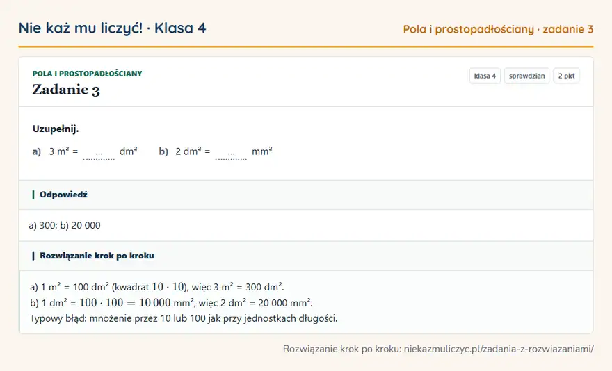 Rozwiązanie zadania 3, sprawdzian „Pola i prostopadłościany”, klasa 4: Uzupełnij. a) 3 m² = … dm² b) 2 dm² = … mm² Odpowiedź: a) 300; b) 20 000