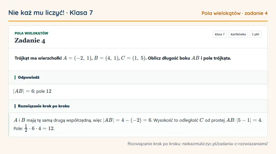 Rozwiązanie zadania 4 — Pola wielokątów (klasa 7): Trójkąt ma wierzchołki A = (-2, 1), B = (4, 1), C = (1, 5). Oblicz długość boku AB i pole trójkąta.