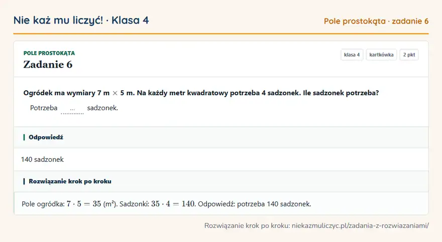 Rozwiązanie zadania 6, kartkówka „Pole prostokąta”, klasa 4: Ogródek ma wymiary 7 m × 5 m. Na każdy metr kwadratowy potrzeba 4 sadzonek. Ile sadzonek potrzeba?… Odpowiedź: 140 sadzonek