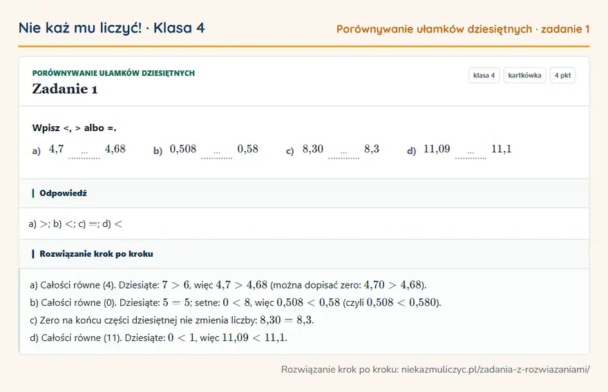 Rozwiązanie zadania 1 — Porównywanie ułamków dziesiętnych (klasa 4): Wpisz <, > albo =. a) 4,7 … 4,68 b) 0,508 … 0,58 c) 8,30 … 8,3 d) 11,09 … 11,1