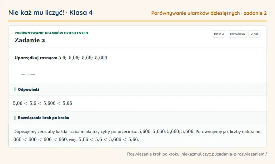 Rozwiązanie zadania 2 — Porównywanie ułamków dziesiętnych (klasa 4): Uporządkuj rosnąco: 5,6; 5,06; 5,66; 5,606 …