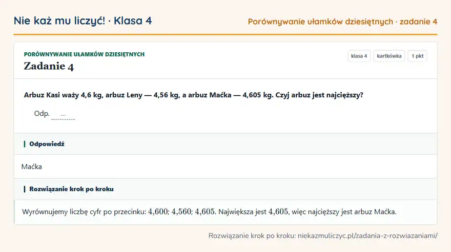 Rozwiązanie zadania 4 — Porównywanie ułamków dziesiętnych (klasa 4): Arbuz Kasi waży 4,6 kg, arbuz Leny — 4,56 kg, a arbuz Maćka — 4,605 kg. Czyj arbuz jest najcięższy?…
