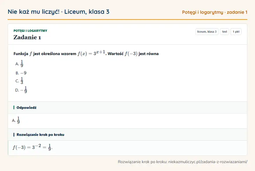 Rozwiązanie zadania 1, test „Potęgi i logarytmy”, liceum, klasa 3: Funkcja f jest określona wzorem f(x) = 3^x + 1. Wartość f(-3) jest równa Odpowiedź: A. 1/9