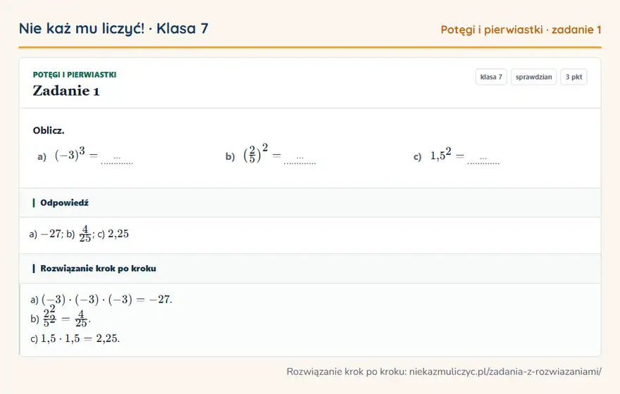 Rozwiązanie zadania 1, sprawdzian „Potęgi i pierwiastki”, klasa 7: Oblicz. a) (-3)³ = … b) (2/5 )² = … c) 1,5² = … Odpowiedź: a) -27; b) 4/25; c) 2,25