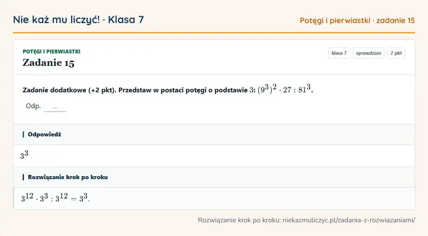 Rozwiązanie zadania 15, sprawdzian „Potęgi i pierwiastki”, klasa 7: Zadanie dodatkowe (+2 pkt). Przedstaw w postaci potęgi o podstawie 3: (9³)² · 27: 81³. Odp. … Odpowiedź: 3³