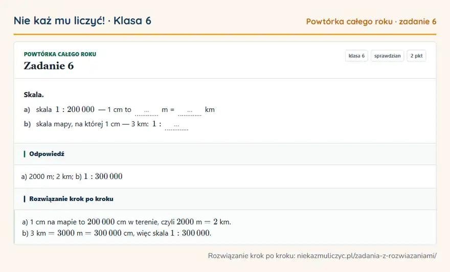 Rozwiązanie zadania 6, sprawdzian „Powtórka całego roku”, klasa 6: Skala. a) skala 1: 200 000 — 1 cm to … m = … km b) skala mapy, na której 1 cm — 3 km: 1: … Odpowiedź: a) 2000 m; 2 km; b) 1: 300 000