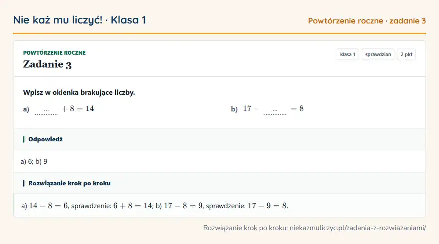 Rozwiązanie zadania 3, sprawdzian „Powtórzenie roczne”, klasa 1: Wpisz w okienka brakujące liczby. a) … + 8 = 14 b) 17 - … = 8 Odpowiedź: a) 6; b) 9