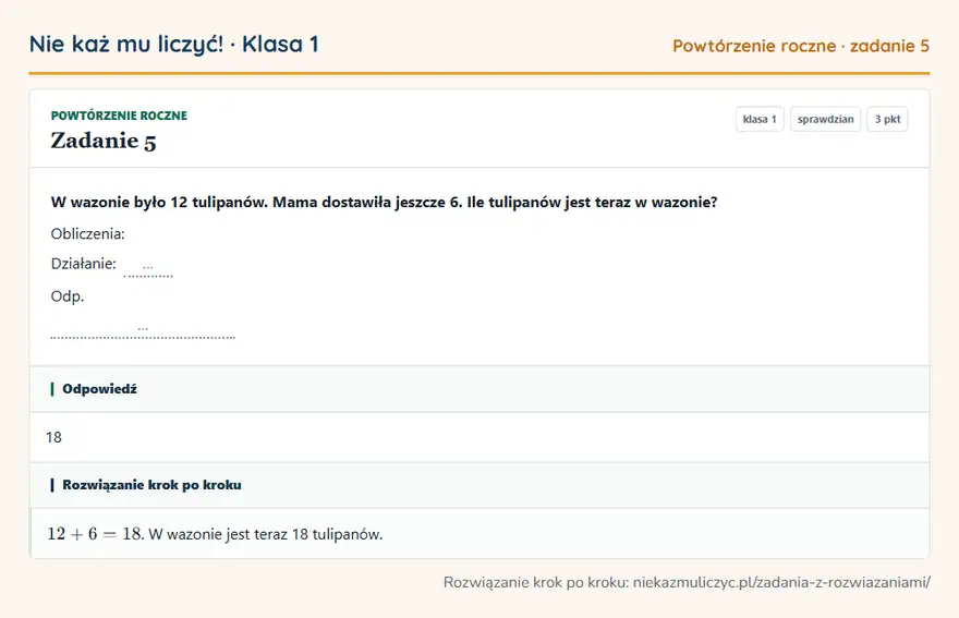 Rozwiązanie zadania 5 — Powtórzenie roczne (klasa 1): W wazonie było 12 tulipanów. Mama dostawiła jeszcze 6. Ile tulipanów jest teraz w wazonie?…