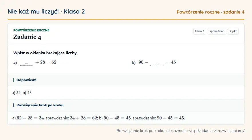 Rozwiązanie zadania 4 — Powtórzenie roczne (klasa 2): Wpisz w okienka brakujące liczby. a) … + 28 = 62 b) 90 - … = 45