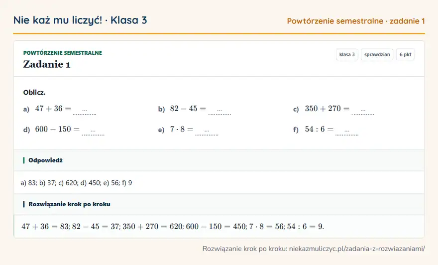Rozwiązanie zadania 1, sprawdzian „Powtórzenie semestralne”, klasa 3: Oblicz. a) 47 + 36 = … b) 82 - 45 = … c) 350 + 270 = … d) 600 - 150 = … e) 7 · 8 = … f) 54: 6 = … Odpowiedź: a) 83; b) 37; c) 620; d) 450; e) 56; f) 9
