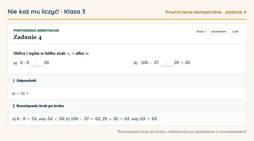Rozwiązanie zadania 4 — Powtórzenie semestralne (klasa 3): Oblicz i wpisz w kółko znak <, > albo =. a) 6 · 9 … 56 b) 100 - 37 … 28 + 35