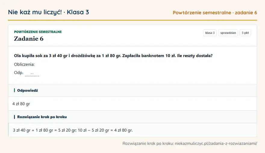 Rozwiązanie zadania 6 — Powtórzenie semestralne (klasa 3): Ola kupiła sok za 3 zł 40 gr i drożdżówkę za 1 zł 80 gr. Zapłaciła banknotem 10 zł. Ile reszty…