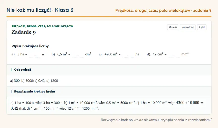 Rozwiązanie zadania 9, sprawdzian „Prędkość, droga, czas; pola wielokątów”, klasa 6: Wpisz brakujące liczby. a) 3 ha = … a b) 0,5 m² = … cm² c) 4200 m² = … ha d) 12 cm² = … mm² Odpowiedź: a) 300; b) 5000; c) 0,42; d) 1200