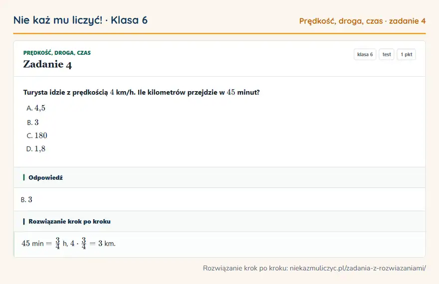 Rozwiązanie zadania 4 — Prędkość, droga, czas (klasa 6): Turysta idzie z prędkością 4 km/h. Ile kilometrów przejdzie w 45 minut?