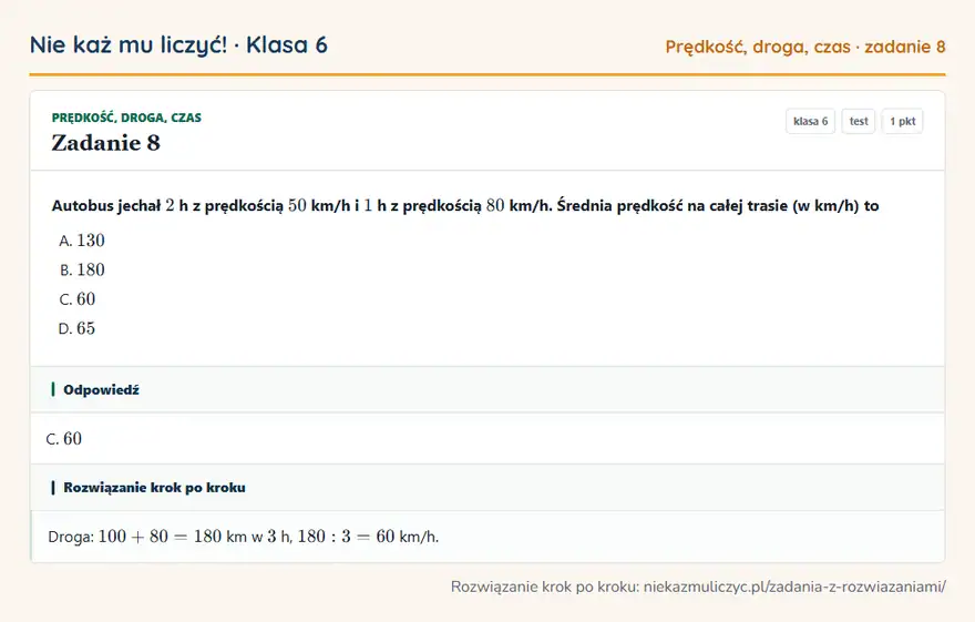 Rozwiązanie zadania 8 — Prędkość, droga, czas (klasa 6): Autobus jechał 2 h z prędkością 50 km/h i 1 h z prędkością 80 km/h. Średnia prędkość na całej…
