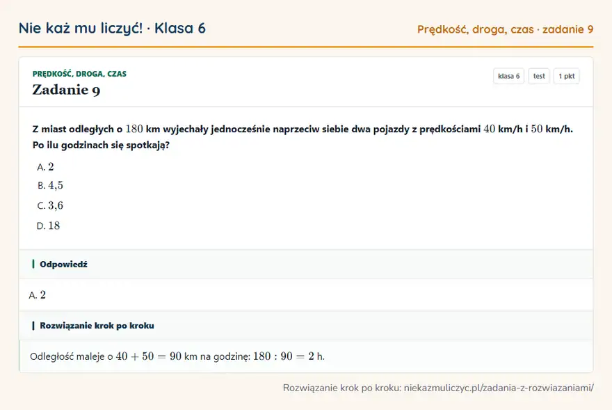 Rozwiązanie zadania 9 — Prędkość, droga, czas (klasa 6): Z miast odległych o 180 km wyjechały jednocześnie naprzeciw siebie dwa pojazdy z prędkościami 40…