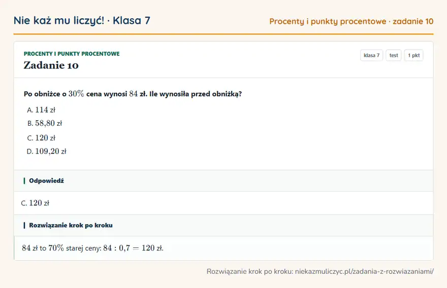 Rozwiązanie zadania 10 — Procenty i punkty procentowe (klasa 7): Po obniżce o 30\% cena wynosi 84 zł. Ile wynosiła przed obniżką?
