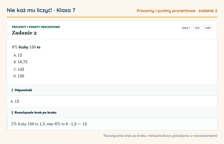 Rozwiązanie zadania 2 — Procenty i punkty procentowe (klasa 7): 8\% liczby 150 to