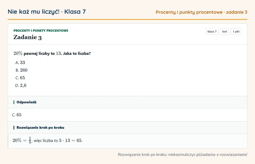 Rozwiązanie zadania 3 — Procenty i punkty procentowe (klasa 7): 20\% pewnej liczby to 13. Jaka to liczba?