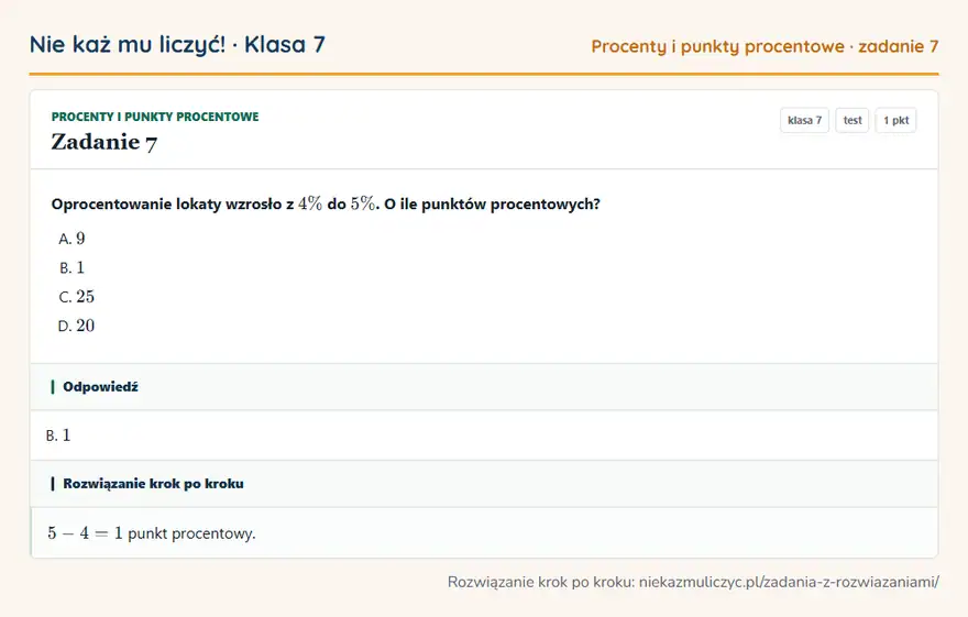 Rozwiązanie zadania 7 — Procenty i punkty procentowe (klasa 7): Oprocentowanie lokaty wzrosło z 4\% do 5\%. O ile punktów procentowych?