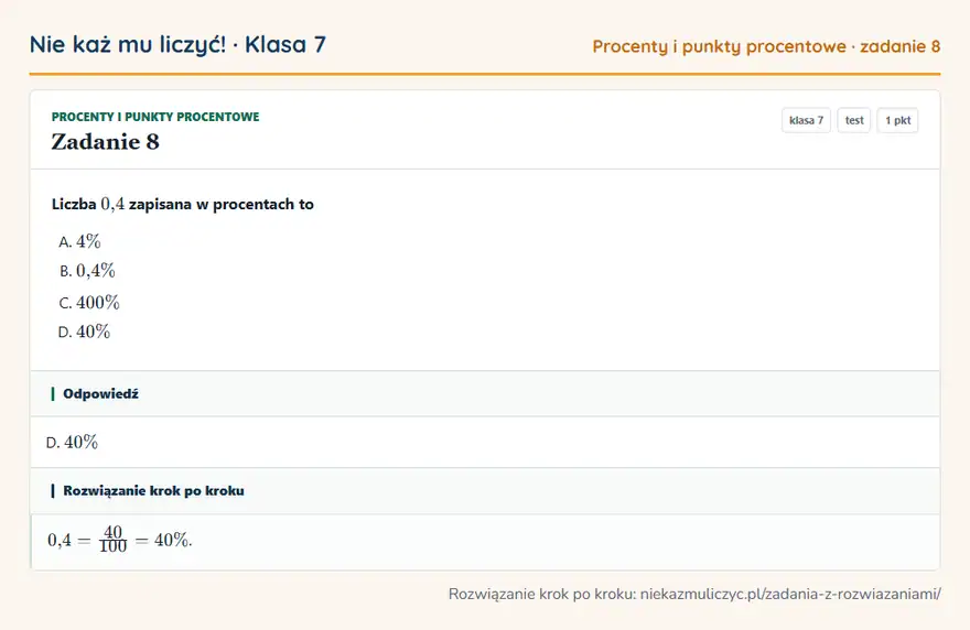 Rozwiązanie zadania 8 — Procenty i punkty procentowe (klasa 7): Liczba 0,4 zapisana w procentach to