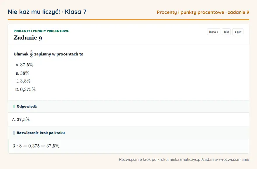 Rozwiązanie zadania 9 — Procenty i punkty procentowe (klasa 7): Ułamek 3/8 zapisany w procentach to