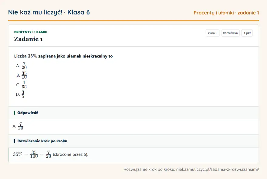Rozwiązanie zadania 1 — Procenty i ułamki (klasa 6): Liczba 35\% zapisana jako ułamek nieskracalny to