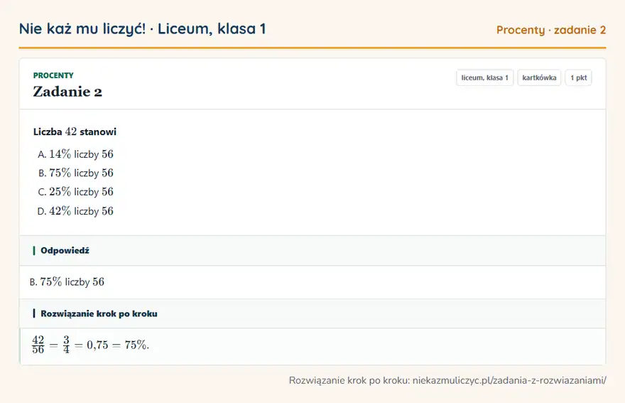Rozwiązanie zadania 2 — Procenty (liceum, klasa 1): Liczba 42 stanowi