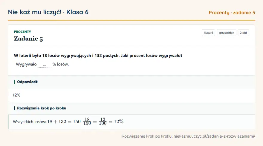 Rozwiązanie zadania 5 — Procenty (klasa 6): W loterii było 18 losów wygrywających i 132 pustych. Jaki procent losów wygrywało? Wygrywało … %…