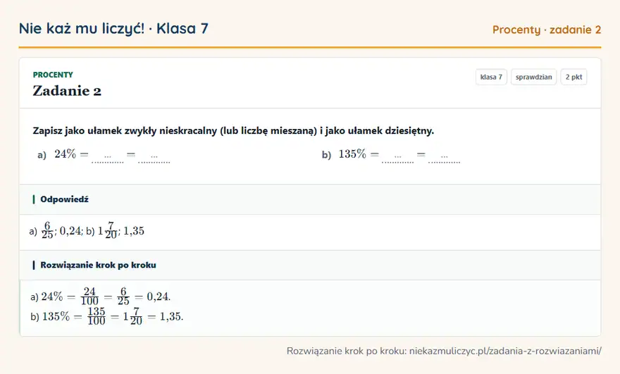 Rozwiązanie zadania 2 — Procenty (klasa 7): Zapisz jako ułamek zwykły nieskracalny (lub liczbę mieszaną) i jako ułamek dziesiętny. a) 24\% = ……