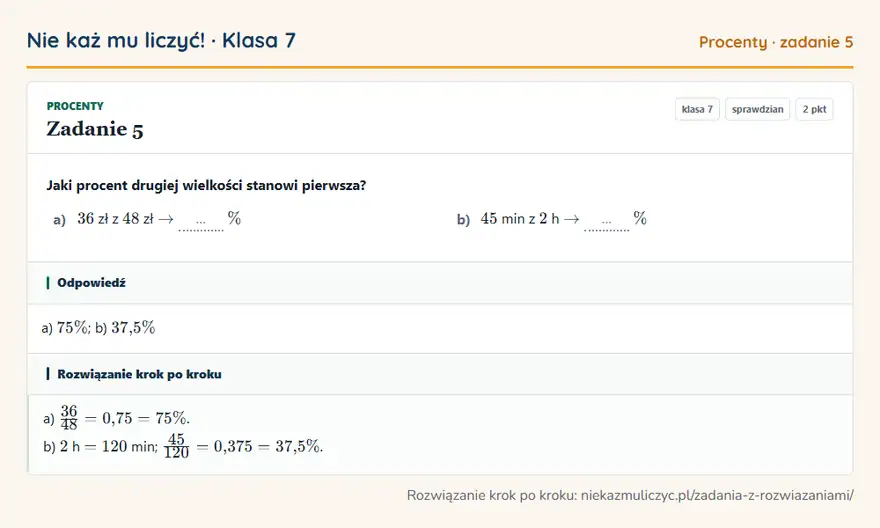 Rozwiązanie zadania 5, sprawdzian „Procenty”, klasa 7: Jaki procent drugiej wielkości stanowi pierwsza? a) 36 zł z 48 zł arrow … \% b) 45 min z 2 h arrow… Odpowiedź: a) 75\%; b) 37,5\%