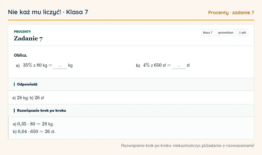 Rozwiązanie zadania 7 — Procenty (klasa 7): Oblicz. a) 35\% z 80 kg = … kg b) 4\% z 650 zł = … zł
