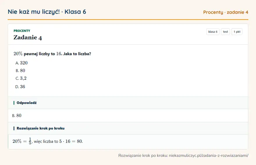 Rozwiązanie zadania 4 — Procenty (klasa 6): 20\% pewnej liczby to 16. Jaka to liczba?