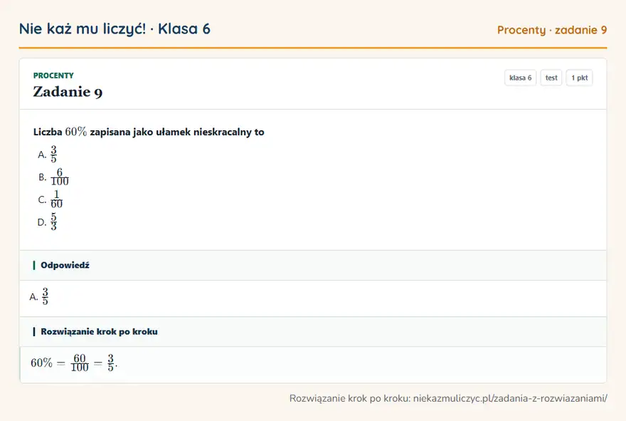 Rozwiązanie zadania 9 — Procenty (klasa 6): Liczba 60\% zapisana jako ułamek nieskracalny to