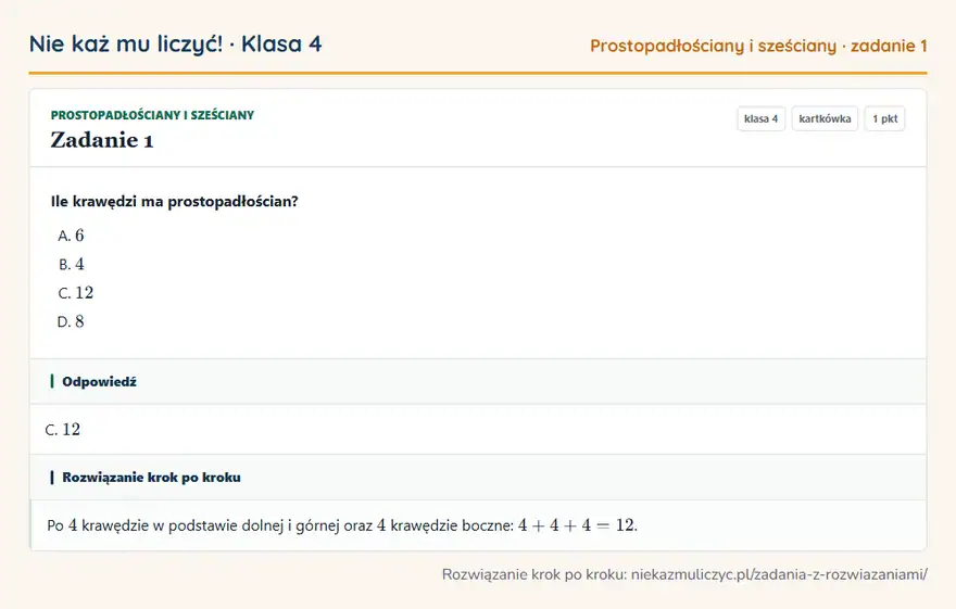 Rozwiązanie zadania 1 — Prostopadłościany i sześciany (klasa 4): Ile krawędzi ma prostopadłościan?