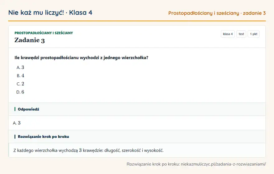 Rozwiązanie zadania 3, test „Prostopadłościany i sześciany”, klasa 4: Ile krawędzi prostopadłościanu wychodzi z jednego wierzchołka? Odpowiedź: A. 3