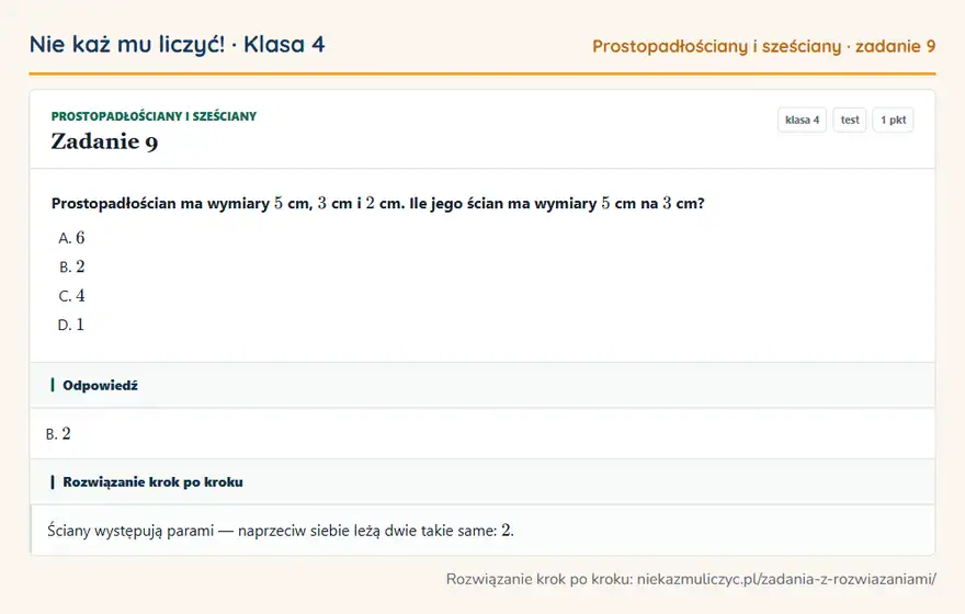 Rozwiązanie zadania 9, test „Prostopadłościany i sześciany”, klasa 4: Prostopadłościan ma wymiary 5 cm, 3 cm i 2 cm. Ile jego ścian ma wymiary 5 cm na 3 cm? Odpowiedź: B. 2