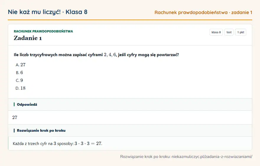 Rozwiązanie zadania 1, test „Rachunek prawdopodobieństwa”, klasa 8: Ile liczb trzycyfrowych można zapisać cyframi 2, 4, 6, jeśli cyfry mogą się powtarzać? Odpowiedź: 27
