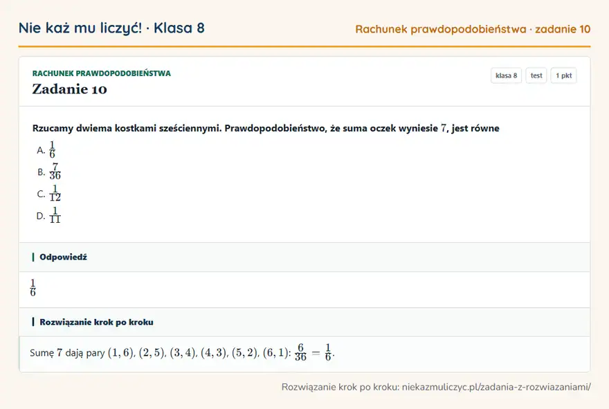 Rozwiązanie zadania 10, test „Rachunek prawdopodobieństwa”, klasa 8: Rzucamy dwiema kostkami sześciennymi. Prawdopodobieństwo, że suma oczek wyniesie 7, jest równe Odpowiedź: 1/6