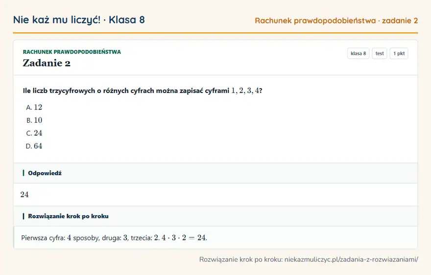 Rozwiązanie zadania 2, test „Rachunek prawdopodobieństwa”, klasa 8: Ile liczb trzycyfrowych o różnych cyfrach można zapisać cyframi 1, 2, 3, 4? Odpowiedź: 24