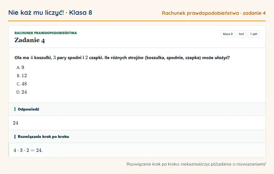 Rozwiązanie zadania 4, test „Rachunek prawdopodobieństwa”, klasa 8: Ola ma 4 koszulki, 3 pary spodni i 2 czapki. Ile różnych strojów (koszulka, spodnie, czapka) może… Odpowiedź: 24