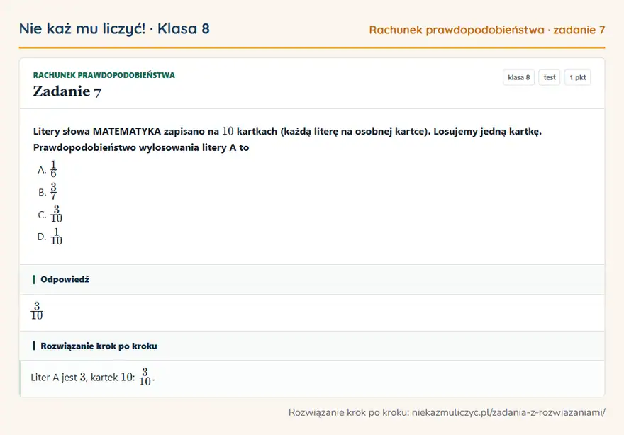 Rozwiązanie zadania 7, test „Rachunek prawdopodobieństwa”, klasa 8: Litery słowa MATEMATYKA zapisano na 10 kartkach (każdą literę na osobnej kartce). Losujemy jedną… Odpowiedź: 3/10