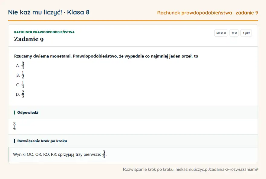 Rozwiązanie zadania 9, test „Rachunek prawdopodobieństwa”, klasa 8: Rzucamy dwiema monetami. Prawdopodobieństwo, że wypadnie co najmniej jeden orzeł, to Odpowiedź: 3/4