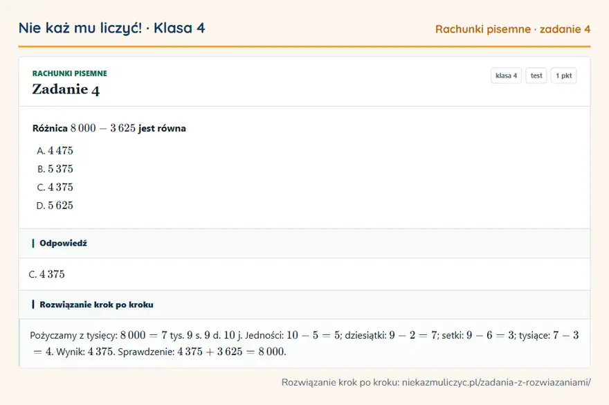 Rozwiązanie zadania 4 — Rachunki pisemne (klasa 4): Różnica 8 000 - 3 625 jest równa
