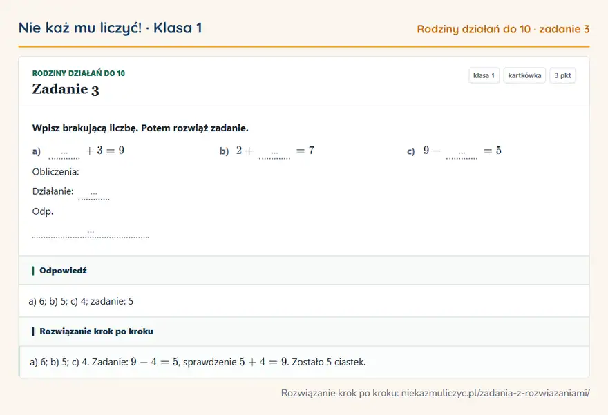 Rozwiązanie zadania 3, kartkówka „Rodziny działań do 10”, klasa 1: Wpisz brakującą liczbę. Potem rozwiąż zadanie. a) … + 3 = 9 b) 2 + … = 7 c) 9 - … = 5 Obliczenia… Odpowiedź: a) 6; b) 5; c) 4; zadanie: 5