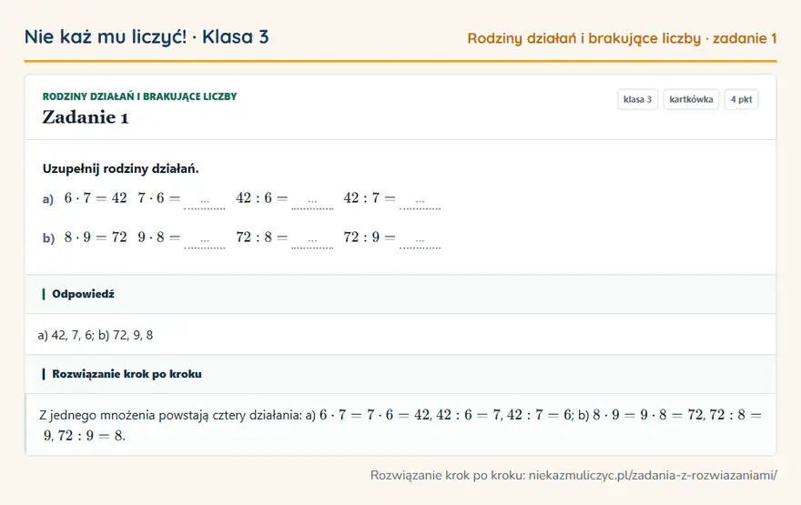 Rozwiązanie zadania 1 — Rodziny działań i brakujące liczby (klasa 3): Uzupełnij rodziny działań. a) 6 · 7 = 42 7 · 6 = … 42: 6 = … 42: 7 = … b) 8 · 9 = 72 9 · 8 = … 72…