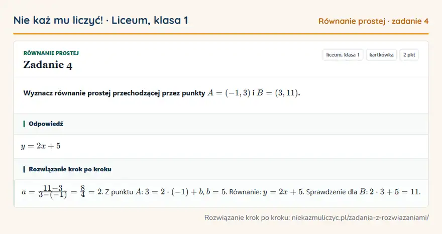 Rozwiązanie zadania 4 — Równanie prostej (liceum, klasa 1): Wyznacz równanie prostej przechodzącej przez punkty A = (-1, 3) i B = (3, 11).