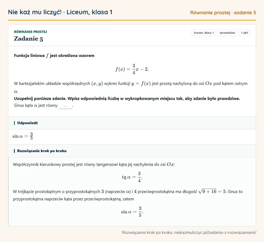 Rozwiązanie zadania 5 — Równanie prostej (liceum, klasa 1): Funkcja liniowa f jest określona wzorem f(x) = 3/4x - 2. W kartezjańskim układzie współrzędnych (x…